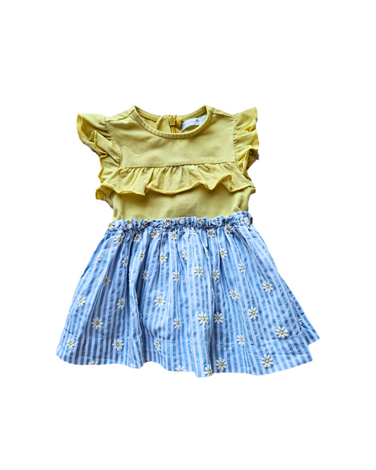 Om Love yellow and blue floral dress | 3-6m